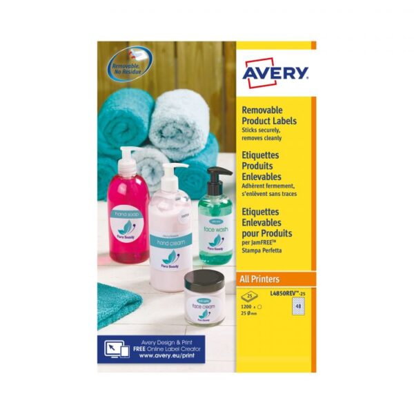 Avery L4850REV-25 25mm Removable Round Labels 25 Sheets - 48 Labels per Sheet