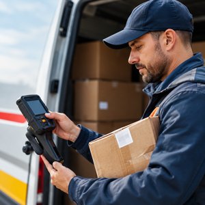 Delivery driver holding a parcel and scanner beside a van