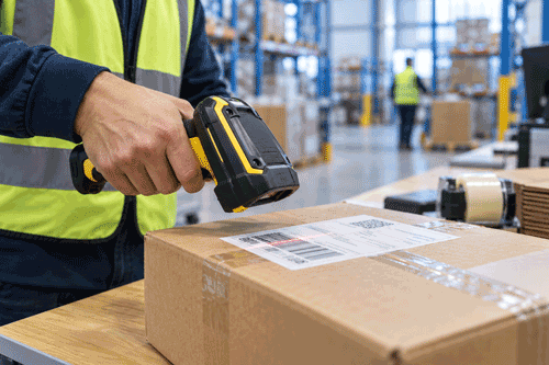 Warehouse aisle with yellow storage bins