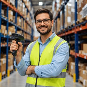 Smiling warehouse worker holding a barcode scanner