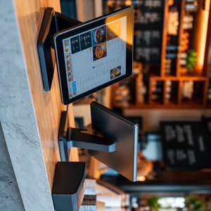 Restaurant counter with touchscreen POS terminals